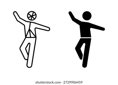 Dos figuras de palo con uno sosteniendo una rueda de bicicleta y el otro en una pose de correr en blanco y negro