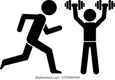Two stick figures, one running and the other lifting dumbbells, symbolizing exercise and workout