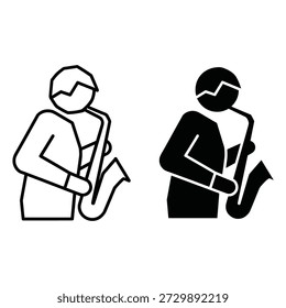 Dos figuras de palo tocando instrumentos musicales de saxofón en estilo de línea en blanco y negro