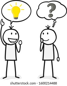 two stick figures with question and light