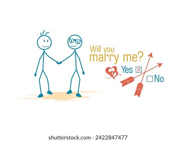 Two stick figures and the question "Will you marry me? with arrows and hearts on a white background.