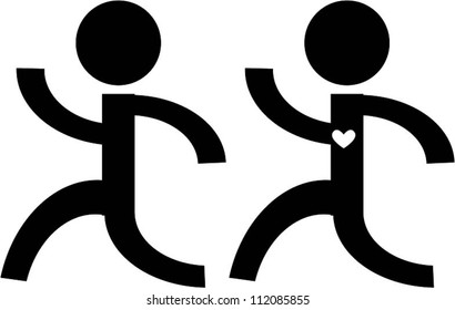 Two stick figures running