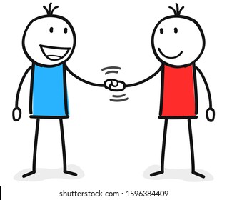 two stick figures shake hands