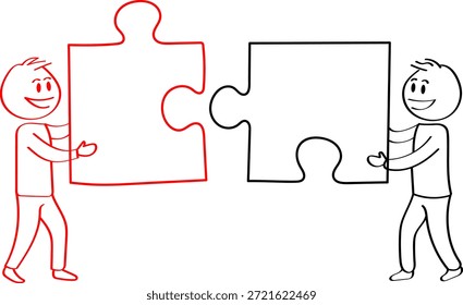 Es sind zwei Strichfiguren dargestellt, die zwei große Puzzleteile halten und verbinden. Die Figur links ist rot umrissen und enthält ein Puzzleteil mit rotem Umriss. Die Figur rechts ist schwarz umrissen und hält ein Puzzleteil mit schwarzem Umriss. Die beiden Teile sind so positioniert, dass sie zusammenpassen, was Zusammenarbeit und Problemlösung nahe legt. Die Abbildung ist schwarz-weiß mit rotem Akzent.