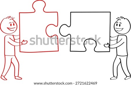 Two stick figures are shown holding and connecting two large puzzle pieces. The figure on the left is outlined in red and holds a puzzle piece with a red outline. The figure on the right is outlined in black and holds a puzzle piece with a black outline. The two pieces are positioned to fit together, suggesting collaboration and problem-solving. The illustration is in black and white with a red accent.
