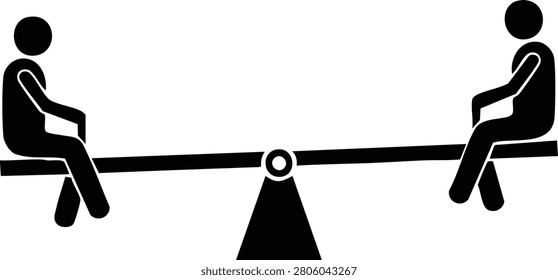 Two stick figures sitting on a seesaw, black and white teeter-totter