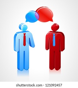 Two stick figures speaking to each other with talk bubbles.