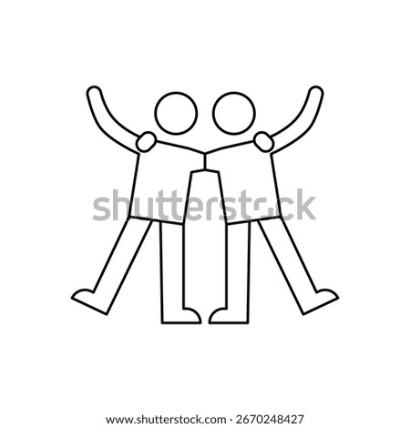 Two stick figures stand together arms raised in celebration