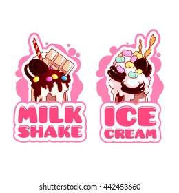 Two stickers with giant milkshakes. Logo template for milkshake and ice cream. Vector cartoon illustration isolated on a white background.