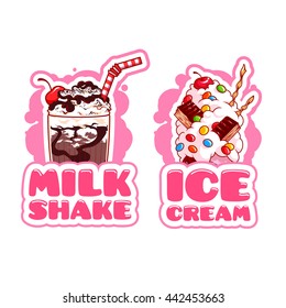 Two stickers with milkshake and ice cream. Logo template in pink colors. Vector cartoon illustration isolated on a white background.