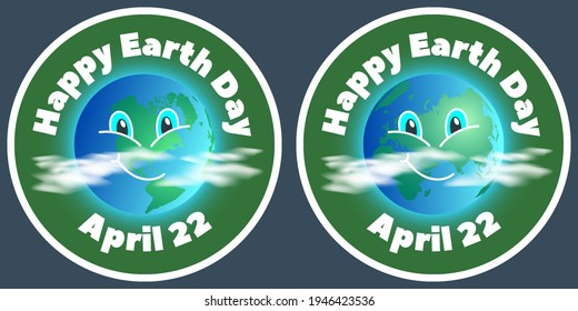 Two stickers with smiling planets in the clouds. Happy Earth Day. April 22