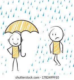 two stickman in rain.one with umbrella and another is without umbrella with sad face..business concept of security protection.