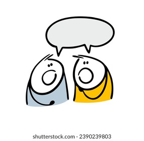 Two stickman talk, synchronously open their mouths. Vector illustration of cartoon characters and text bubble. Comics persons for a conversation. Isolated on white background.