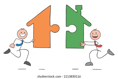 Two stickmen businessmen are carrying house puzzle pieces towards each other. Hand drawn outline cartoon vector illustration.
