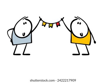 Two stickmen  holding  homemade garland, decorations for the holiday. Vector illustration of the decor of paper flags, children crafts. Isolated hand made birthday design on white background.