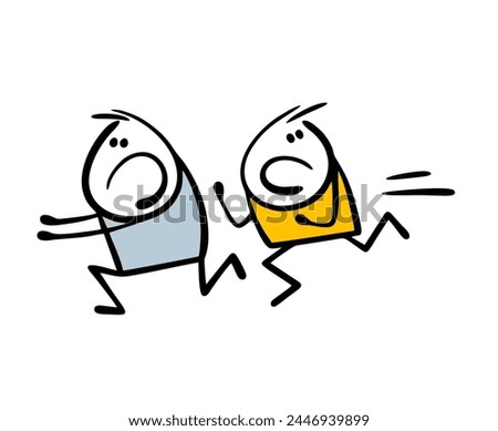 Two stickmen are running away from trouble in horror. Vector illustration of funny people panicking, screaming and hiding from a monster. Isolated cartoon persons on white background.