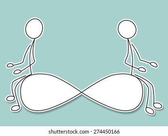 Two stickmen sitting on infinity sign. Limitless symbol.