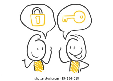 Two Stickmen With Speech Bubbles Over Their Heads With Key Icon And Lock Icon