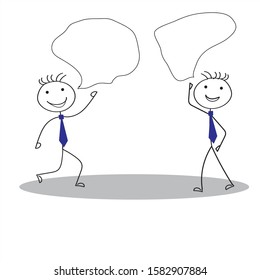 two stikmen with empty dialogue bubbles go towards each other . Stick man drawing.
