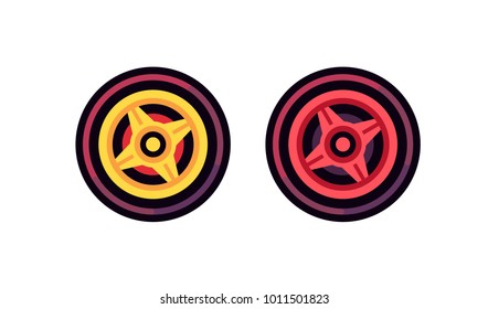 Two stilyzed car rims and wheels rims. Vector illustration, isolated. Flat style.