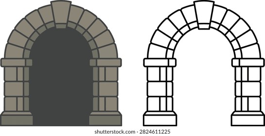 Two stone archway designs, one rendered with grey fill and the other as a clean black and white line art vector illustration.
