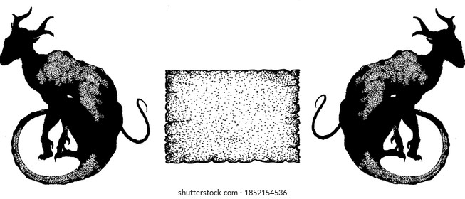
two stone dragons sit on opposite sides of an antique sheet of parchment