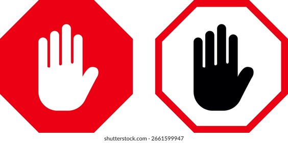 two stop or warning signs side by side, both using the symbol of a raised hand, palm facing forward