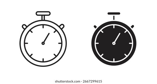 Dos iconos de cronómetro: una línea de arte, un sólido negro, aislado en blanco. Perfecto para el tiempo, la velocidad o los conceptos deportivos.