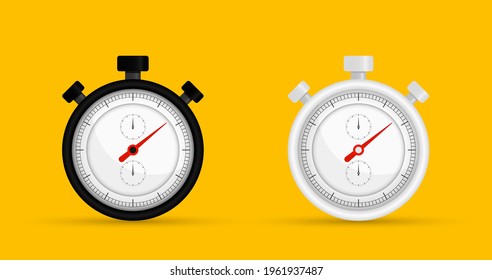 Two stopwatches in black and white color on yellow background. Device for accurate measurement of time. Timer to start, stop. Sport and competition equipment. Stop-watch design template. Vector