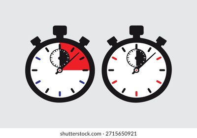 Dois cronômetros mostrando diferentes tempos decorridos. Moderno vetor de cronômetro.