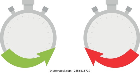 Two stopwatches side by side. The left one has a green arrow curving clockwise around its bottom half; the right one has a red arrow curving counterclockwise. Represents clockwise and counterclockwise