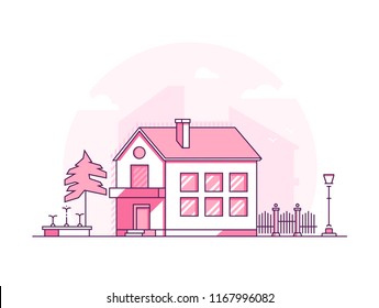 Two storey building - modern thin line design style vector illustration on white background. Pink colored high quality composition with a cottage, lantern, tree, fence, fountain. City architecture