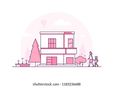 Two storey building - modern thin line design style vector illustration on white background. Pink colored composition with a cottage, tree, fountain, mother walking with daughter. City architecture