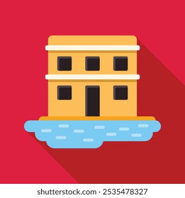 Two storey building standing near water flat icon design with long shadow on red background