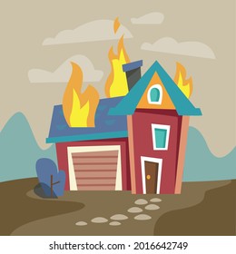 Two storey cartoon house engulfed in flames, fire and fire concept. Fire Insurance Colourful Vector Illustration flat style.