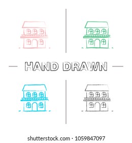 Two storey cottage hand drawn icons set. Chalet. House. Color brush stroke. Isolated vector sketchy illustrations