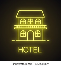 Two storey cottage neon light icon. Chalet. House. Glowing sign. Vector isolated illustration