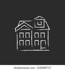 Two storey detached house hand drawn in chalk on a blackboard vector white icon isolated on a black background.