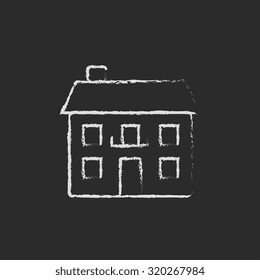 Two storey detached house hand drawn in chalk on a blackboard vector white icon isolated on a black background.