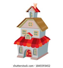 two storey house with attic and red roof, cartoon illustration, isolated object on white background, vector, eps