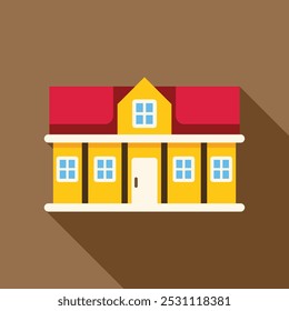 Two storey house with columns and red roof flat icon with long shadow on a brown background in flat style