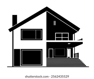 Two storey house. Image of black silhouette isolated on white background. Vector modern comfort architecture of small construction. Private residence. Beautiful cozy cute.