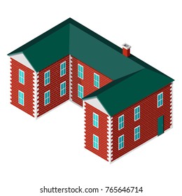 Two storey house isolated on white background. Rural construction of administrative building or school in country vector illustration