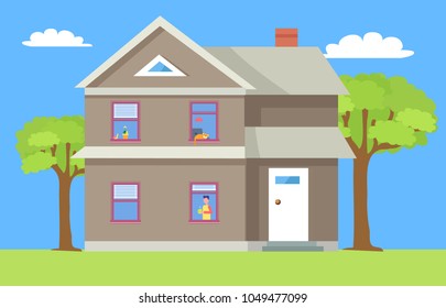 Two storey house man in window with cup of coffee vector cottage with chimney. Cat sleeping on windowsill, flower in pot, dwelling on lawn, green trees