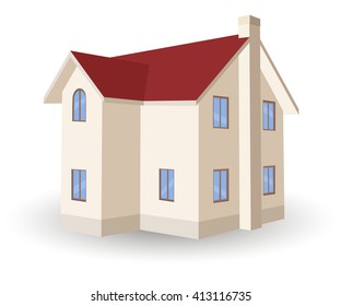 Two storey house with shadow, vector illustration isolated on white