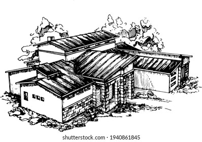 two storey modern residential house concept sketch. black and white freehand printable illustration on white background. Building surrounded by trees. Roof design
