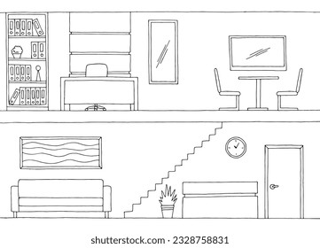 Two storey office graphic black white interior sketch illustration vector