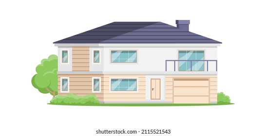 Two storey residential building facade with balcony veranda and garage isometric vector illustration. Countryside cottage exterior with natural garden green lawn and trees at yard. Suburb lifestyle