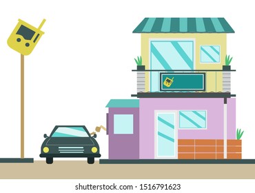 A two storey restaurant chain building with a drive through service. Editable Clip Art.