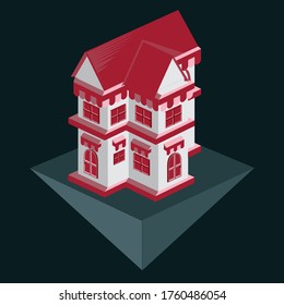 two storey shop house isometric cartoon icon or logo isolated on grey background